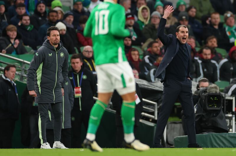 Ireland's interim manager John O'Shea reacts during Saturday's draw with Belgium. Photograph: James Crombie/Inpho