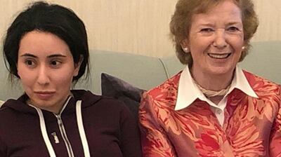 Sheikha Latifa bint Mohammed Al Maktoum with former president Mary Robinson in December 2018. Photograph: United Arab Emirates Ministry of Foreign Affairs and International Co-operation via AP