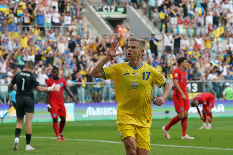 Ukraine's midfielder Oleksandr Zinchenko celebrates scoring the opening goal against England in Wroclaw, Poland. Photograph: Janek Skarzynski/AFP via Getty Images