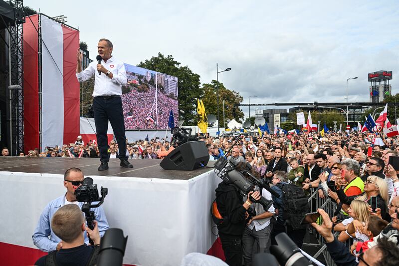 Donald Tusk, the leader of Civic Alliance, delivers a speech during the opposition rally in Warsaw, Poland on Sunday ahead of the general election on October 15th. Photograph: Omar Marques/Getty Images