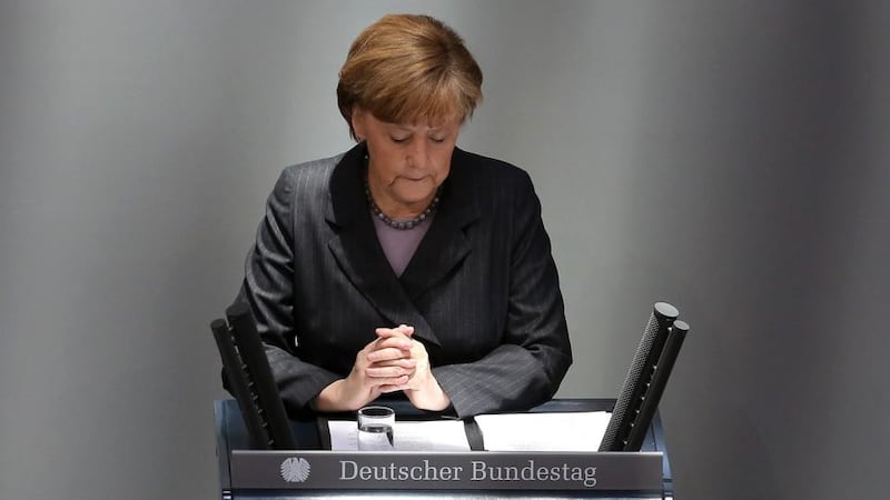 German chancellor Angela Merkel gives a government statement on the situation in Ukraine in the Bundestag today. Photograph: Getty