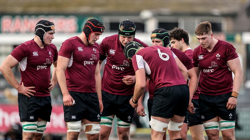 The Ireland under-20 forwards huddle ahead of a lineout. Photograph: Ben Brady/Inpho