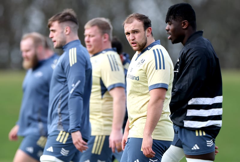 Max Clein and Sean Edogbo during Munster training on Tuesday. Photograph: James Crombie/Inpho