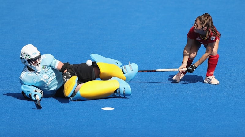 Ayeisha McFerran blocks a shot from Spain’s Carlota Petchame in the 2018 World Cup semi-final shoot out in London. Photograph: Christopher Lee/Getty Images