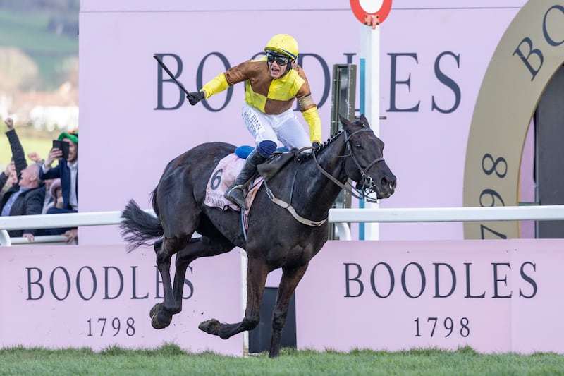 Paul Townend on Galopin Des Champs celebrates winning the Boodles Cheltenham Gold Cup in 2023. Photograph: Sam Mellish/Getty Images