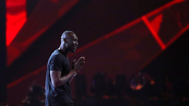 Stormzy accepts the award for British album at the Brit Awards at the O2 Arena in London. The grime artist also won best British male artist. Photograph: Hannah McKay/Reuters