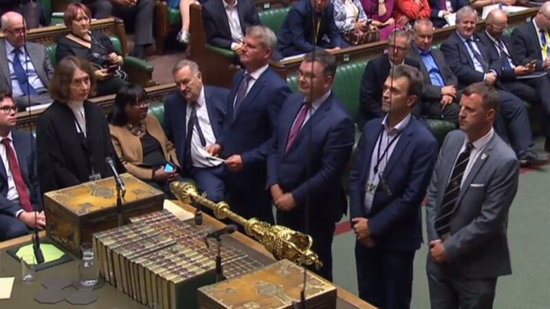 A videograb from footage broadcast by the UK parliament’s Parliamentary Recording Unit (PRU)  shows tellers  delivering the result of the vote on the motion to hold an early general election, in the House of Commons in London. Photograph: PRU/AFP/Getty Images