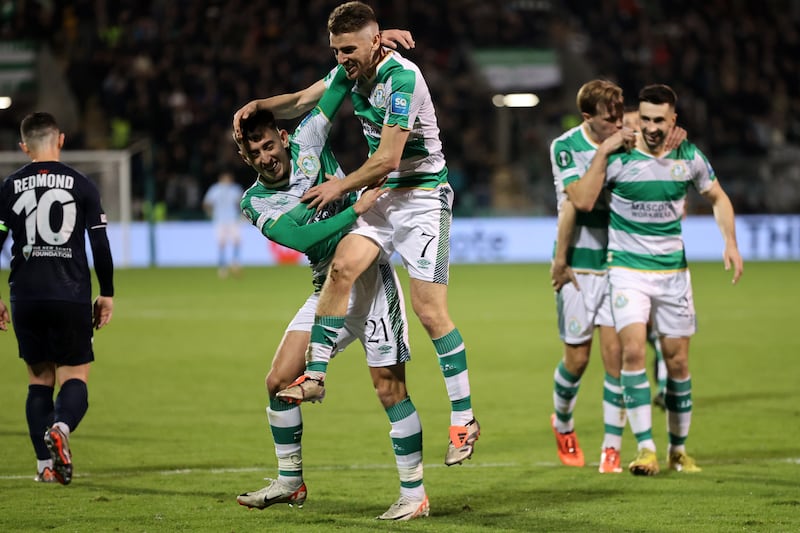 Dylan Watts celebrates with Daragh Burns after scoring for Shamrock Rovers. Photograph: Bryan Keane/Inpho