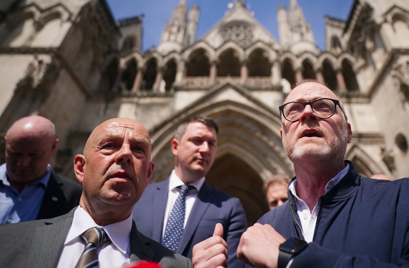 Journalists Barry McCaffrey and Trevor Birney speaking to media after leaving the Royal Courts of Justice, in London, following an tribunal hearing over claims they were secretly monitored by police, in May 2024. Photograph: Victoria Jones/PA Wire