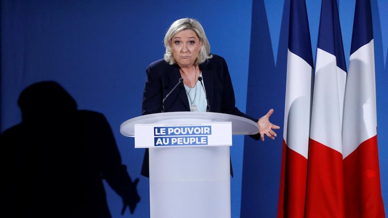 French far-right National Rally leader Marine Le Pen at a meeting in Saint-Paul-du-Bois. Photograph: Stephane Mahe/Reuters