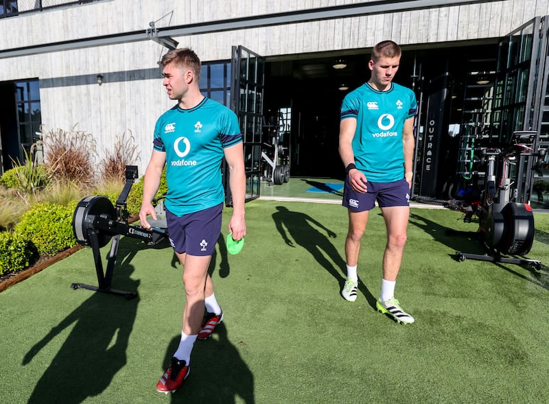 Jack Crowley and Sam Prendergast at Ireland's 
training camp at The Campus, Faro, Portugal. Photograph: Dan Sheridan/Inpho