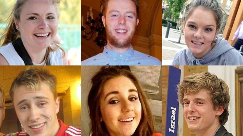 The students who were killed when the balcony collapsed at the Library Gardens Apartments, in Berkeley, California (Top LtoR) Ashley Donohoe, Eoghan Culligan, Olivia Burke, (Bottom LtoR) Nick Schuster, Eimear Walsh, and Lorcan Miller.