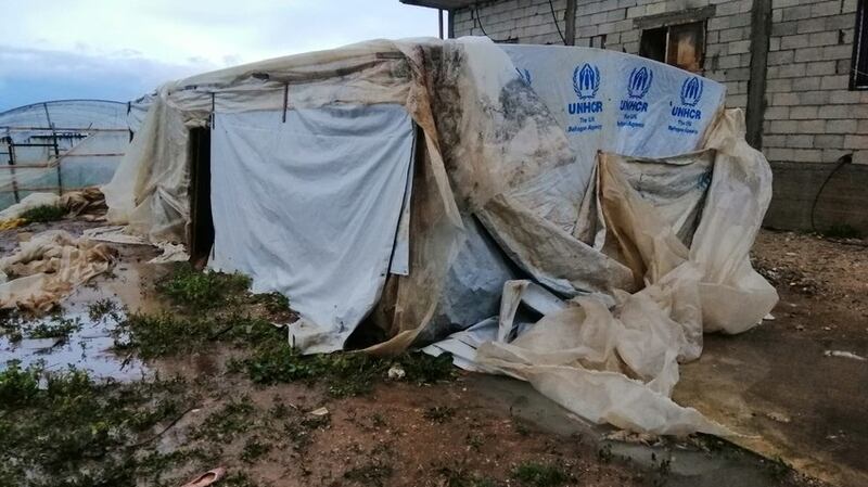 A makeshift shelter for Syrian refugees in northern Lebanon which has been damaged by winter storms. Photograph: Concern Worldwide