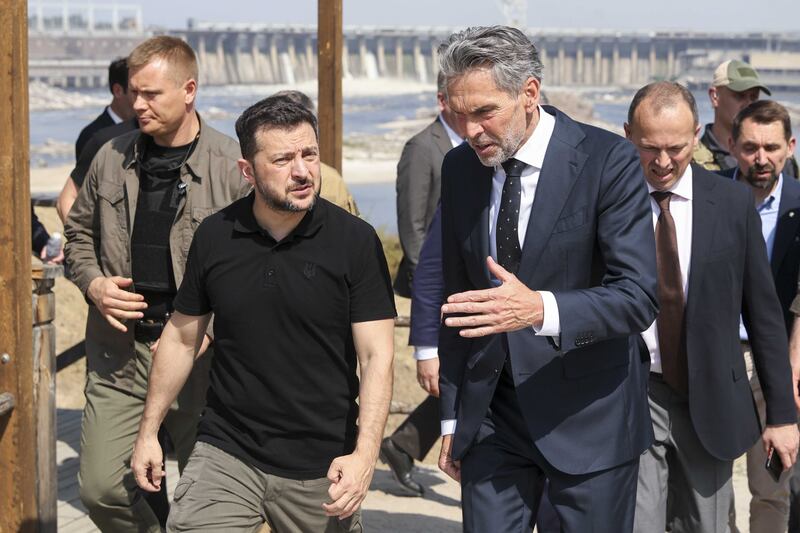 Dutch prime minister Dick Schoof (right) and Ukrainian president Volodymyr Zelenskiy visit Ukraine's Zaporizhzhia region on Monday. Photograph: Kateryna Klochko/EPA