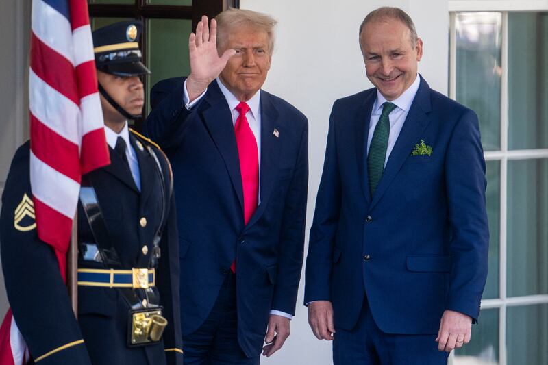 President Donald Trump greets the Taoiseach outside the White House ahead of the much anticipated meeting between the two leaders. Photograph: Jim Watson/AFP       