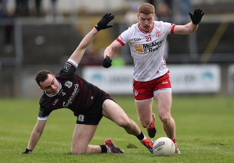 Galway’s Daniel O'Flaherty and Tyrone's Darragh Canavan. Photograph: James Crombie/Inpho