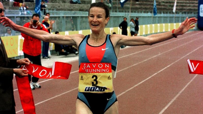 Sonia crosses the finish line to win the Avon Running World Final in Milan in 2000. Photograph: Stefano Rellandini/Reuters