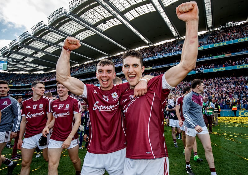 Shane Moloney and Daithi Burke celebrate after Galway's win over Waterford in the 2017 All-Ireland senior hurling final at Croke Park. Photograph: James Crombie/Inpho