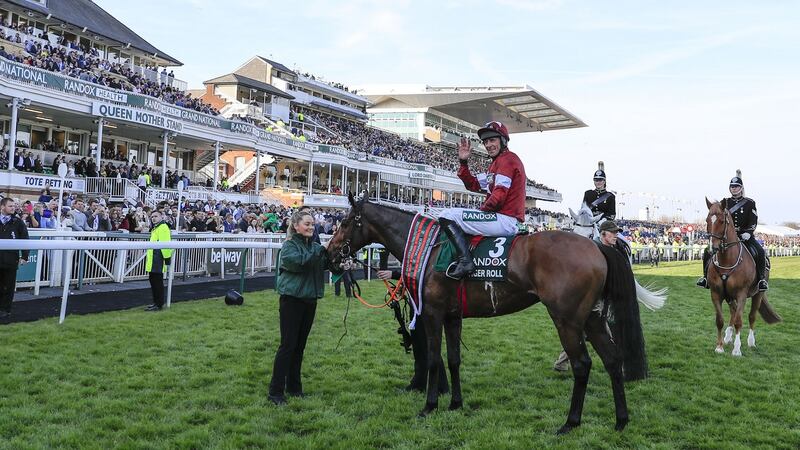 Tiger Roll and Davy Russell after winning the 2019 Aintree Grand National in the colours of Gigginstown. Photograph:  Conor Molloy/Getty