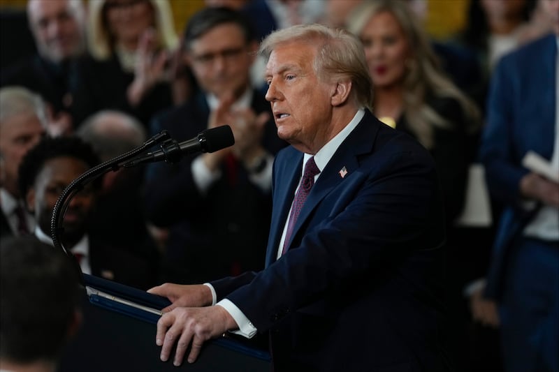 US president Donald Trump gives his inaugural address after being sworn in on Monday. Photograph: Julia Demaree Nikhinson/Getty