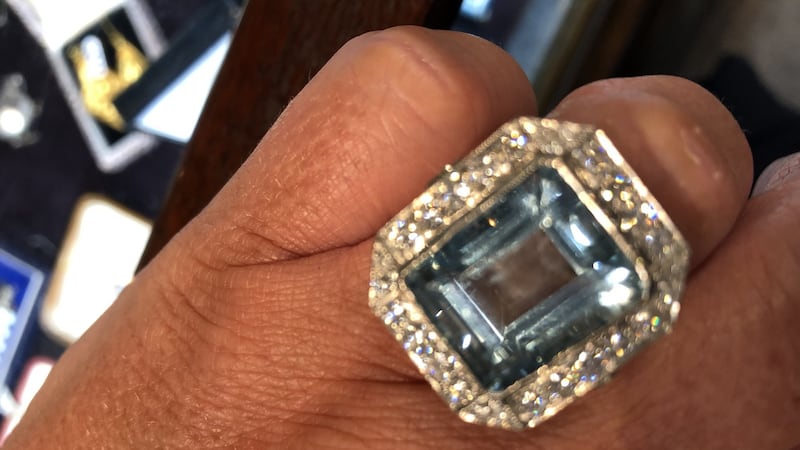 A large aquamarine and diamond ring from John Farrington of Drury Street Instagram posts