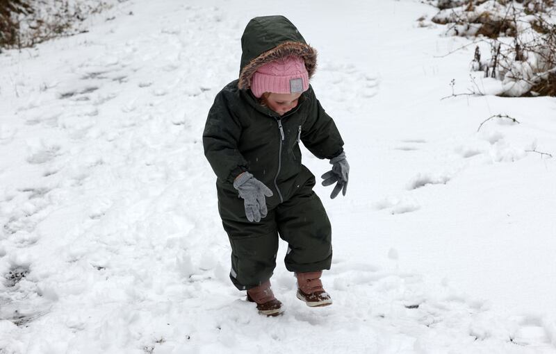 Milana Lauranovic (two and a half years old)  from Portlaoise enjoys a walk in the snow in the Slieve Bloom Mountains in Co Laois. Photograph: Laura Hutton/The Irish Times