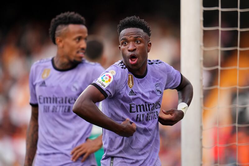 Vinicius Junior of Real Madrid reacts after receiving racist abuse via gestures made by fans during the La Liga clash against Valencia CF at Estadio Mestalla in Valencia. Photogrpah: Aitor Alcalde/Getty Images