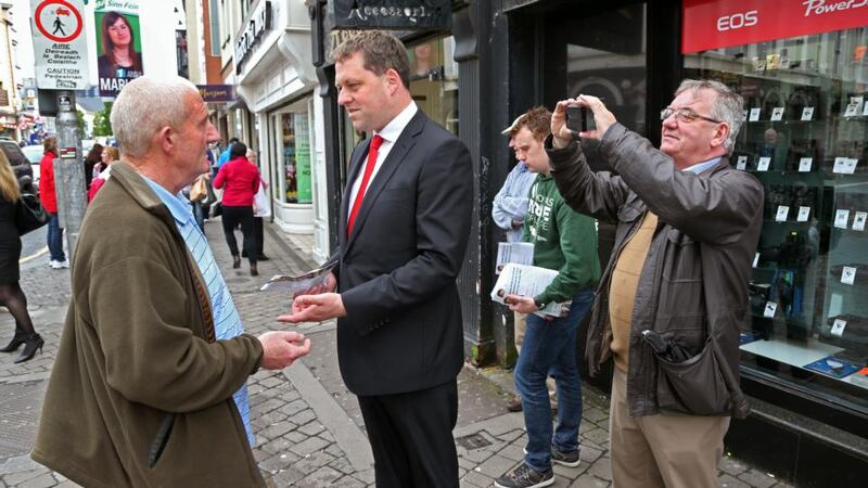 Fiann Fáil’s Thomas Byrne, European Election candidate for the Midlands North West, speaks with Michael Mackey, of Galway Simon. Photograph: Joe O’Shaughnessy Senator Thomas Byrne, Fianna Fail European Election candidate for the Midlands North West during his canvass in Galway city centre. He is speaking with Michael Mackey, a board member of Galway Simon. Photograph: Joe O’Shaughnessy.