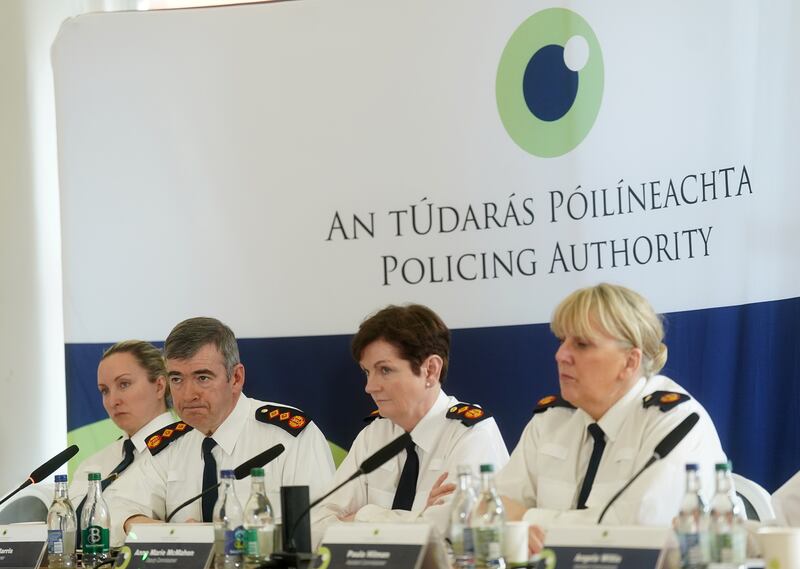 Garda Commissioner Drew Harris during a meeting with the Policing Authority at The Richmond Education and Event Centre, in Dublin, after the shooting of DCI Caldwell. Photograph: Brian Lawless/PA