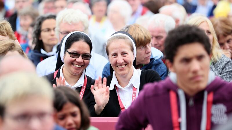 Nuns take their seats for a keynote speech during the World Meeting of Families at the RDS in Dublin. Photograph: Brian Lawless/PA Wire.