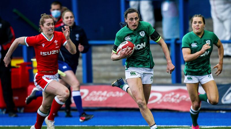 Hannah Tyrrell breaks to score a try against Wales in this year’s Six Nations. Photograph: Robbie Stephenson/Inpho