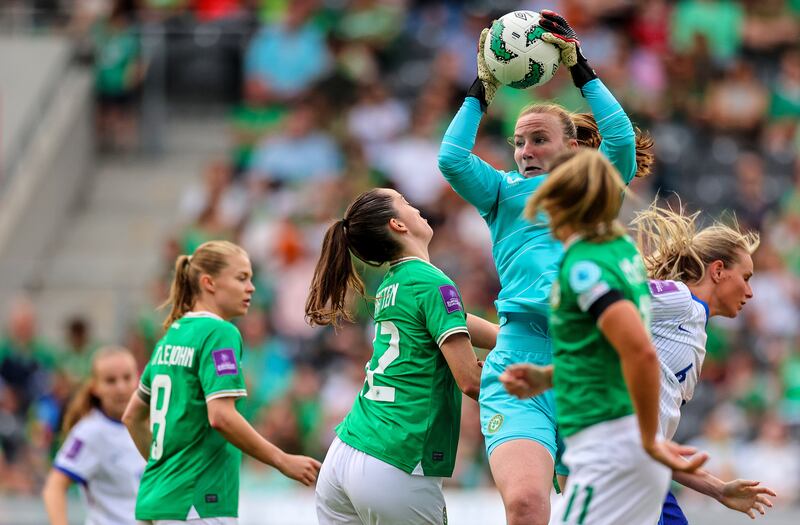 Courtney Brosnan during the Euro 2025 qualifier against France at Páirc Uí Chaoimh in July. Photograph: James Crombie/Inpho