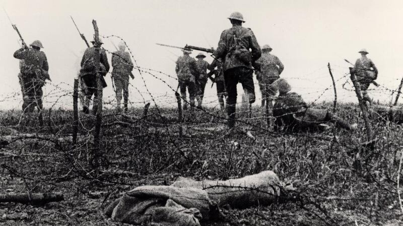 Soldiers going over the top. Still from commemorative film made later in 1916 (The Art Archive / Imperial War Museum).