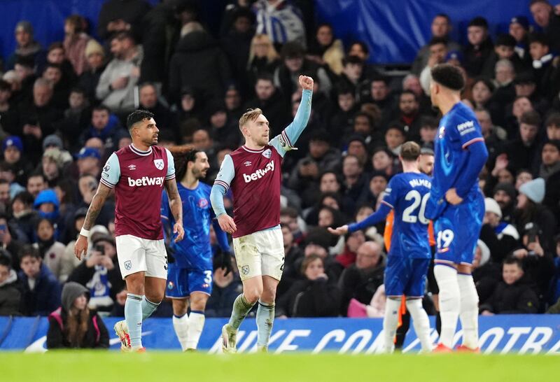 West Ham's Jarrod Bowen celebrates the first goal of the game at Stamford Bridge. Photograph: John Walton/PA