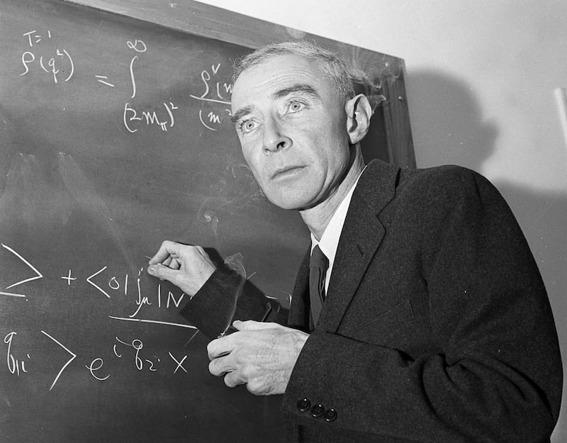 J Robert Oppenheimer, chief architect of the atomic bomb, in his study in Princeton University’s Institute for Advanced Study, Princeton, New Jersey, in 1957. Photograph: John Rooney/AP