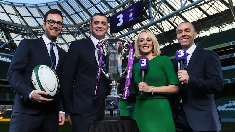 TV3’s team for its first Six Nations this year: presenter Joe Molloy (left), co-commentator Alan Quinlan, sideline reporter Sinéad Kissane and commentator Dave McIntyre. Photograph: Brendan Moran/Sportsfile