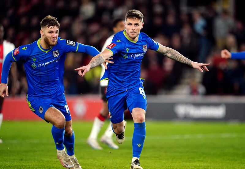 Grimsby Town's Gavan Holohan celebrates scoring his side's second goal against Southampton. Photograph: Zac Goodwin/PA