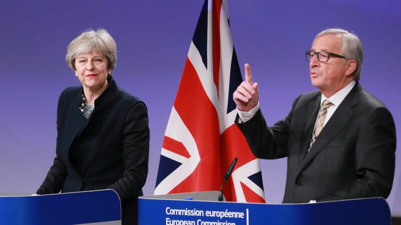 British prime minister Theresa May and European Commission president Jean-Claude Juncker give a press briefing after a meeting  in Brussels. Photogrpaph: Olivier Hoslet/EPA