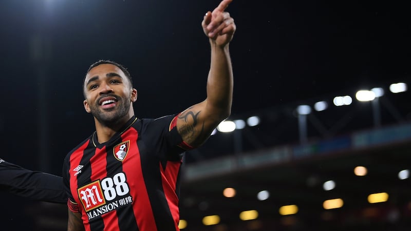 Callum Wilson celebrates Bournemouth’s first goal against Huddersfield. Photograph: Dylan Martinez/Reuters