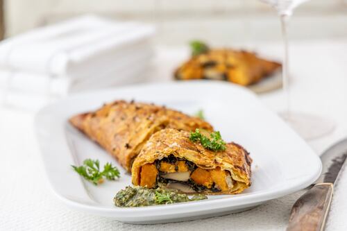 Vegetarian Wellington with walnut salsa verde