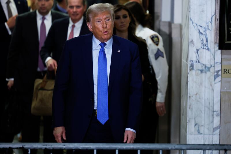 Former US president Donald Trump speaks to members of the media after testifying at his civil fraud trial in New York on November 6th. Photograph: Michael M Santiago/Getty