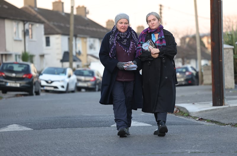 PBP general election candidate in Dublin South Central, Cllr. Hazel De Nortúin (right) canvassing in Ballyfermot with Bríd Smith TD who is standing down and is Director of Elections for Hazel.  Photo: Bryan O’Brien



