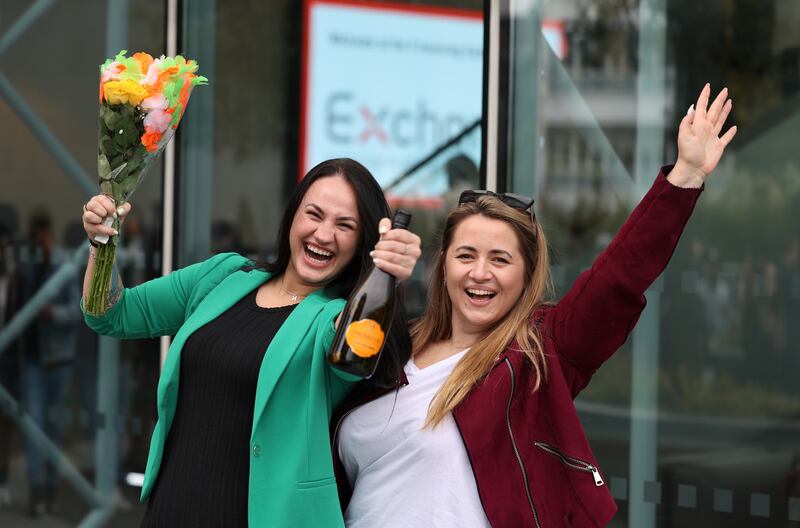 Karyna Vepretska celebrating her Irish citizenship this afternoon with friend Khrystyna Paratsii. Photograph: Nick Bradshaw