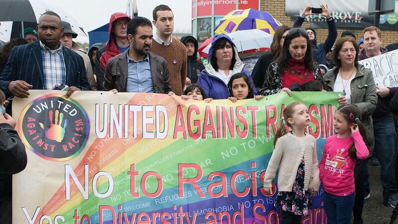 An anti-racism rally held  in Nutgrove, Rathfarnham earlier this week, in response to  a recent attack on three Afghans in the area. Photograph: Dave Meehan/The Irish Times