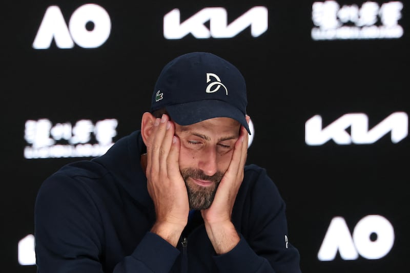 Novak Djokovic attends a press conference after retiring from his men's singles semi-final match against Germany's Alexander Zverev. Photograph: David Gray/AFP via Getty Images