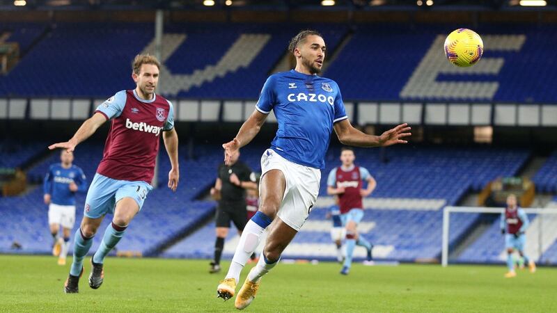 Craig Dawson harries Dominic Calvert-Lewin during West Ham’s win over Everton. Photograph: Alex Pantling/EPA