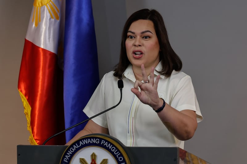 Philippine vice-president Sara Duterte holds a press conference at her office in Mandaluyong City, Metro Manila. Photograph: EPA