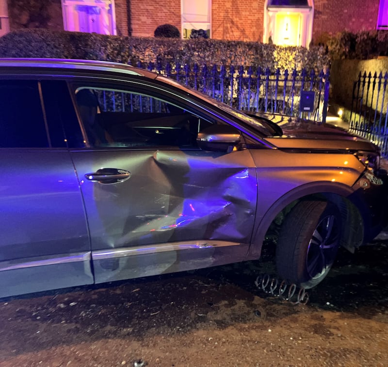 A front view of the Peugeot 508 written off when Mark Foley crashed his car into it on January 13th, 2023