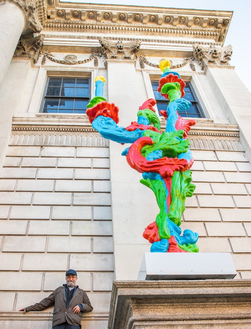 Alan Phelan with his sculpture, RGB Sconce, Hold Your Nose. Photograph: Naoise Culhane