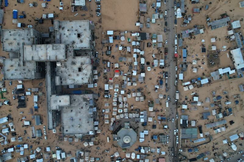 Displaced Palestinians who fled Khan Yunis have set up camp in Rafah near the Gaza Strip's border with Egypt. Photograph: Mahmud Hams/AFP via Getty Images